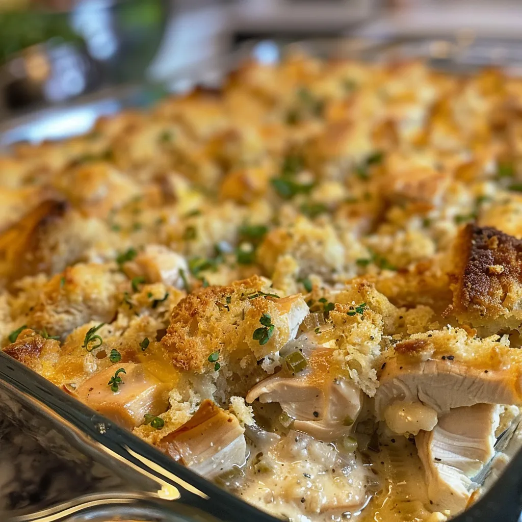 Side angle of a delicious chicken casserole showcasing creamy layers.