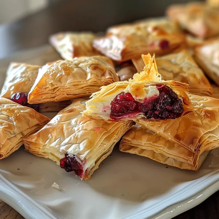 Delightful Cranberry Brie Bites: A Simple Treat to Brighten Any Gathering Delicious cranberry brie bites arranged on a plate, showcasing flaky phyllo dough.