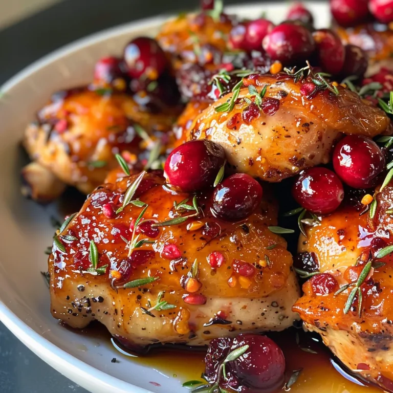 Juicy Cranberry Orange Chicken served on a white plate, garnished with fresh cranberries and orange slices.
