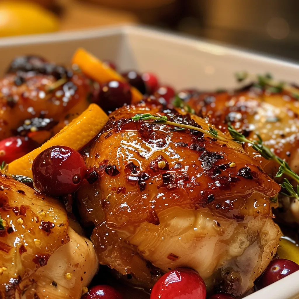 Close-up of tender chicken breast glazed with a vibrant cranberry-orange sauce, surrounded by fresh herbs.