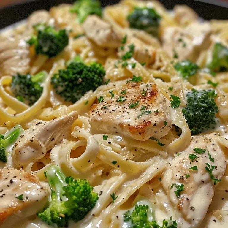 Indulge in Joy: Creamy Chicken Alfredo Fettuccine with a Broccoli Twist! Close-up view of creamy chicken Alfredo fettuccine pasta with broccoli, garnished with parsley.