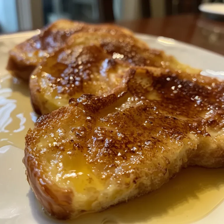 A close-up side view of Crème Brûlée French Toast topped with a caramelized sugar crust.