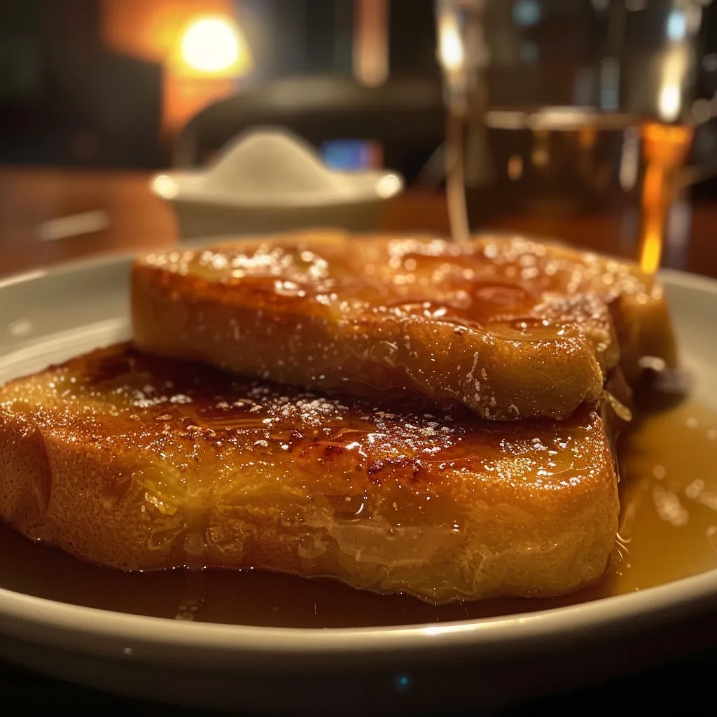 Juicy slices of Crème Brûlée French Toast with a golden, crispy top and a soft interior.
