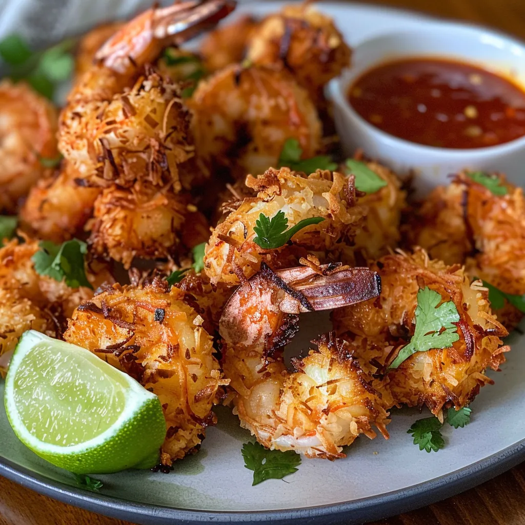 Close-up of golden coconut shrimp garnished with fresh lime and cilantro.