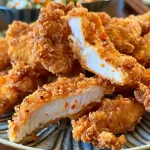 Close-up view of juicy Crispy Bang Bang Chicken strips.