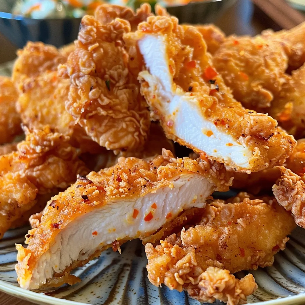 Close-up view of juicy Crispy Bang Bang Chicken strips.