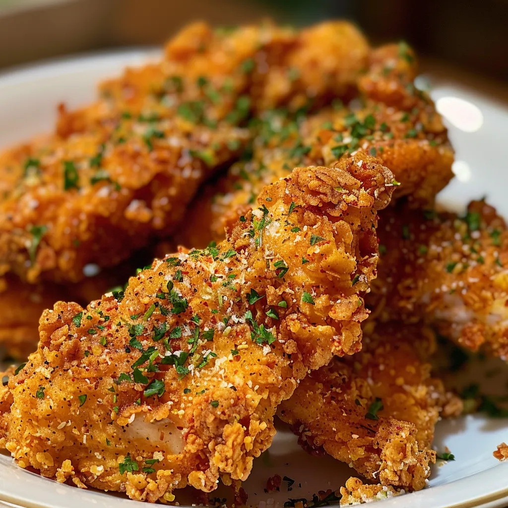 Side view of a jar containing golden crispy chicken coating mix with ingredients visible.