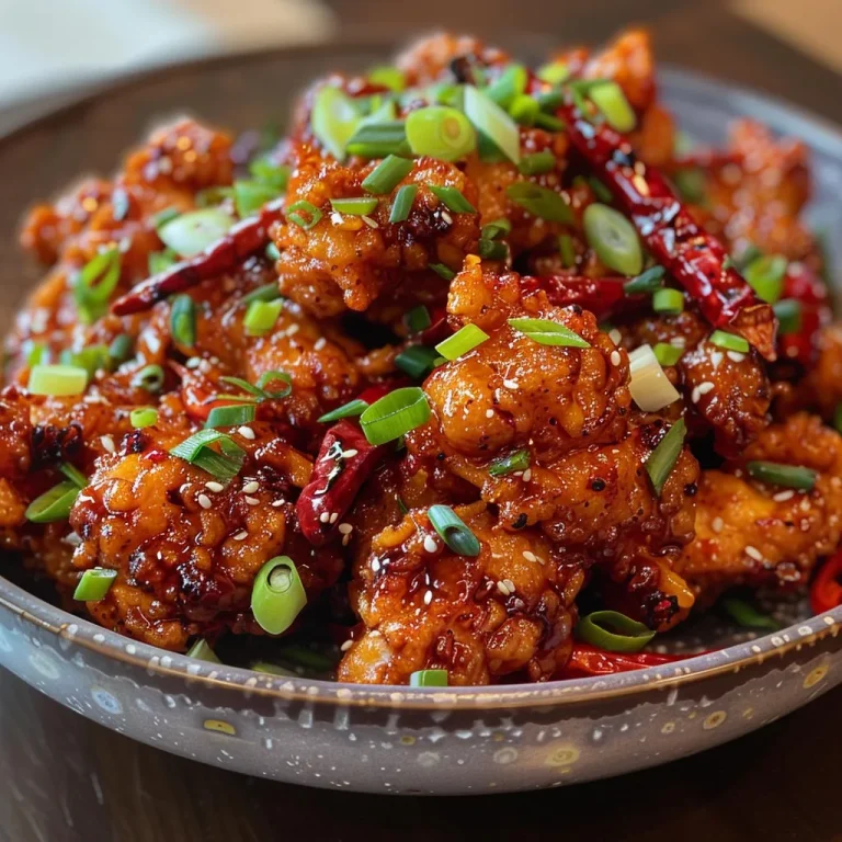 Close-up of crispy chilli chicken with vibrant red chilies and a golden-brown coating.