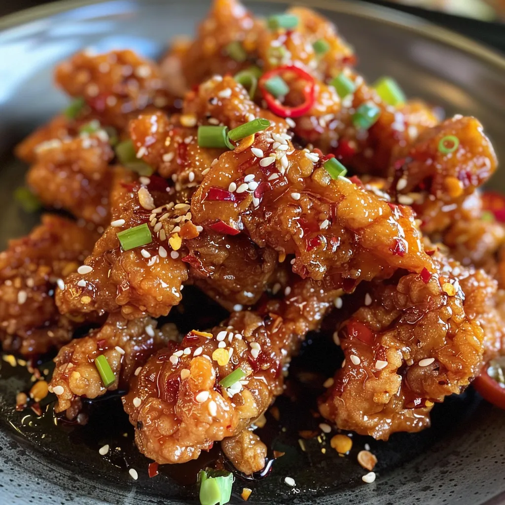 Juicy crispy chilli chicken pieces garnished with chopped green onions on a white plate.