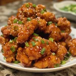 Close-up view of crispy honey garlic chicken bites garnished with sesame seeds and green onions.