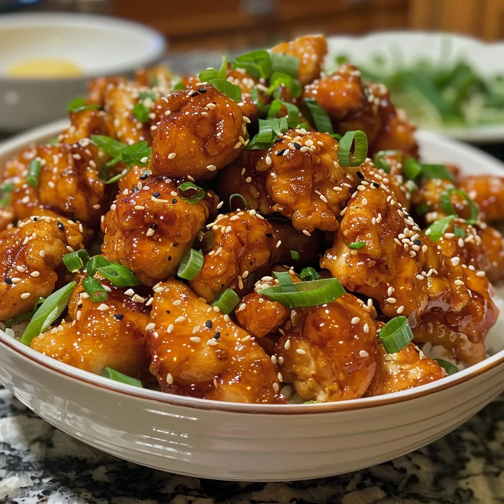 Juicy honey garlic chicken displayed in a glossy sauce with a crisp texture.