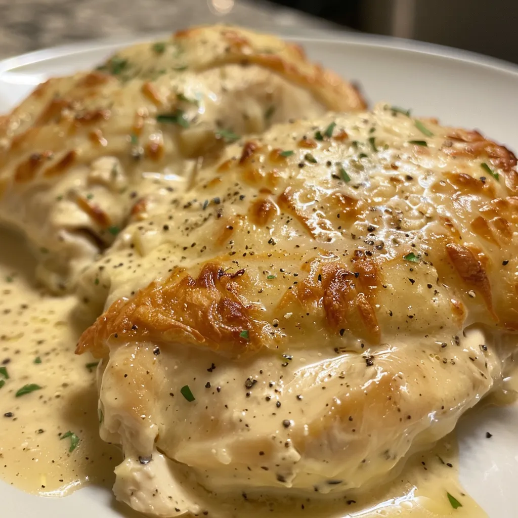 Creamy chicken dish with a golden-brown crust and herbs.