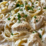 Close-up of a creamy Chicken Alfredo dish in a Crockpot with fettuccine and garnished with parsley.