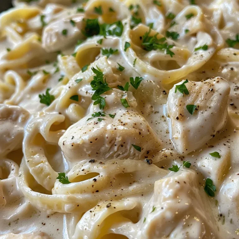 Close-up of a creamy Chicken Alfredo dish in a Crockpot with fettuccine and garnished with parsley.