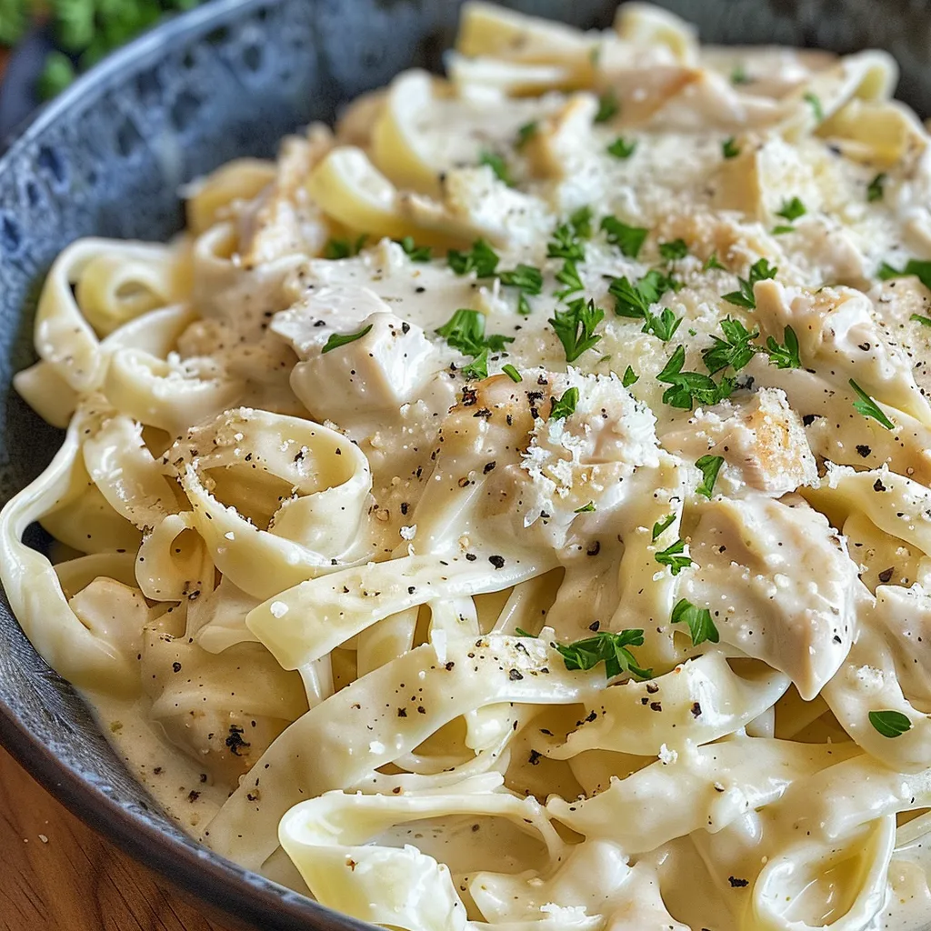 Side view of a delicious Chicken Alfredo Crockpot meal featuring tender chicken and pasta.