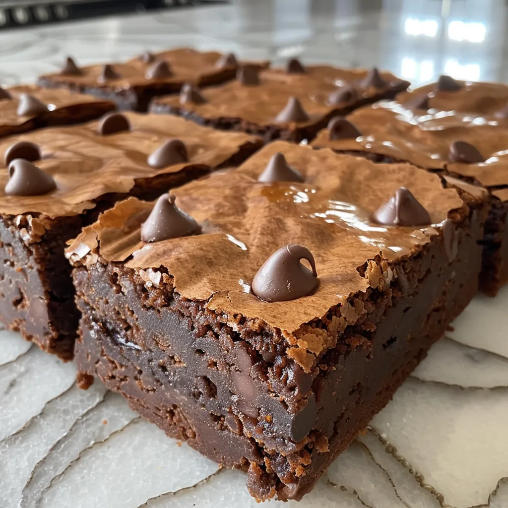 Side view of decadent chocolate chip brownies with melting chocolate chips.