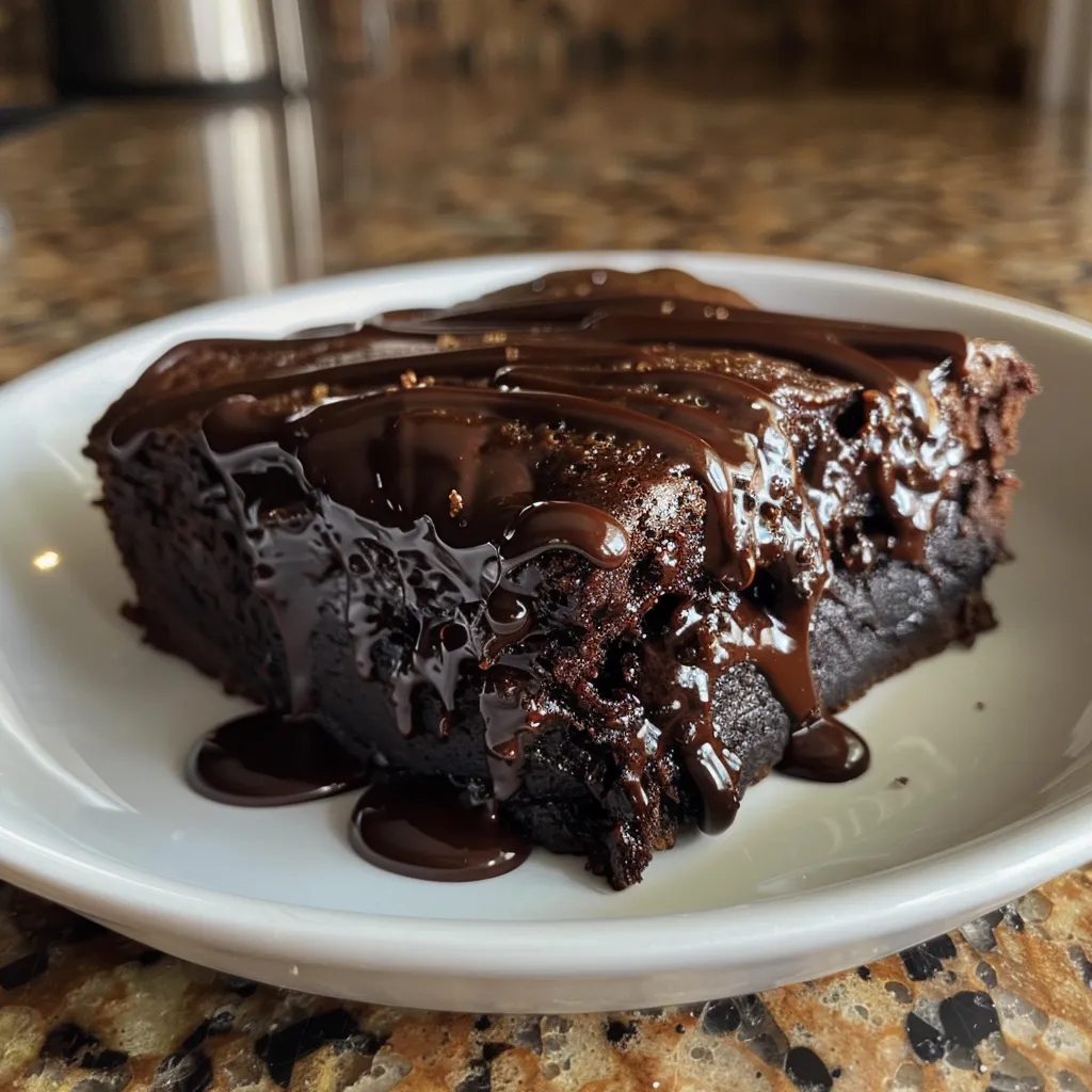 Side profile of a chocolate fondant, revealing its rich, melting interior.