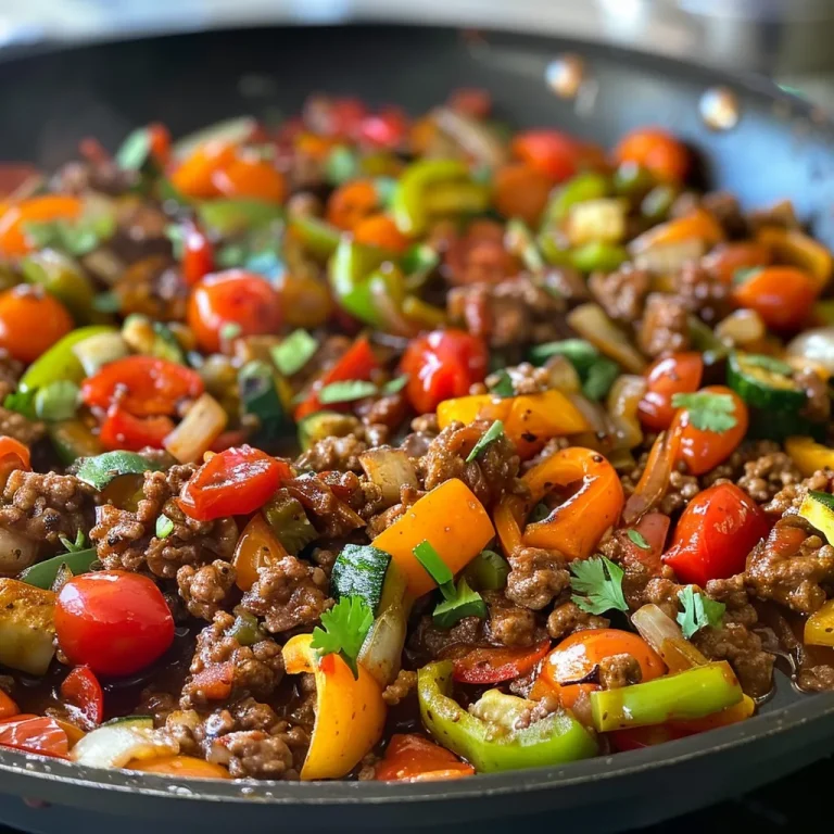 Close-up view of a colorful Easy Beef and Vegetable Skillet with ground beef, bell peppers, and zucchini.