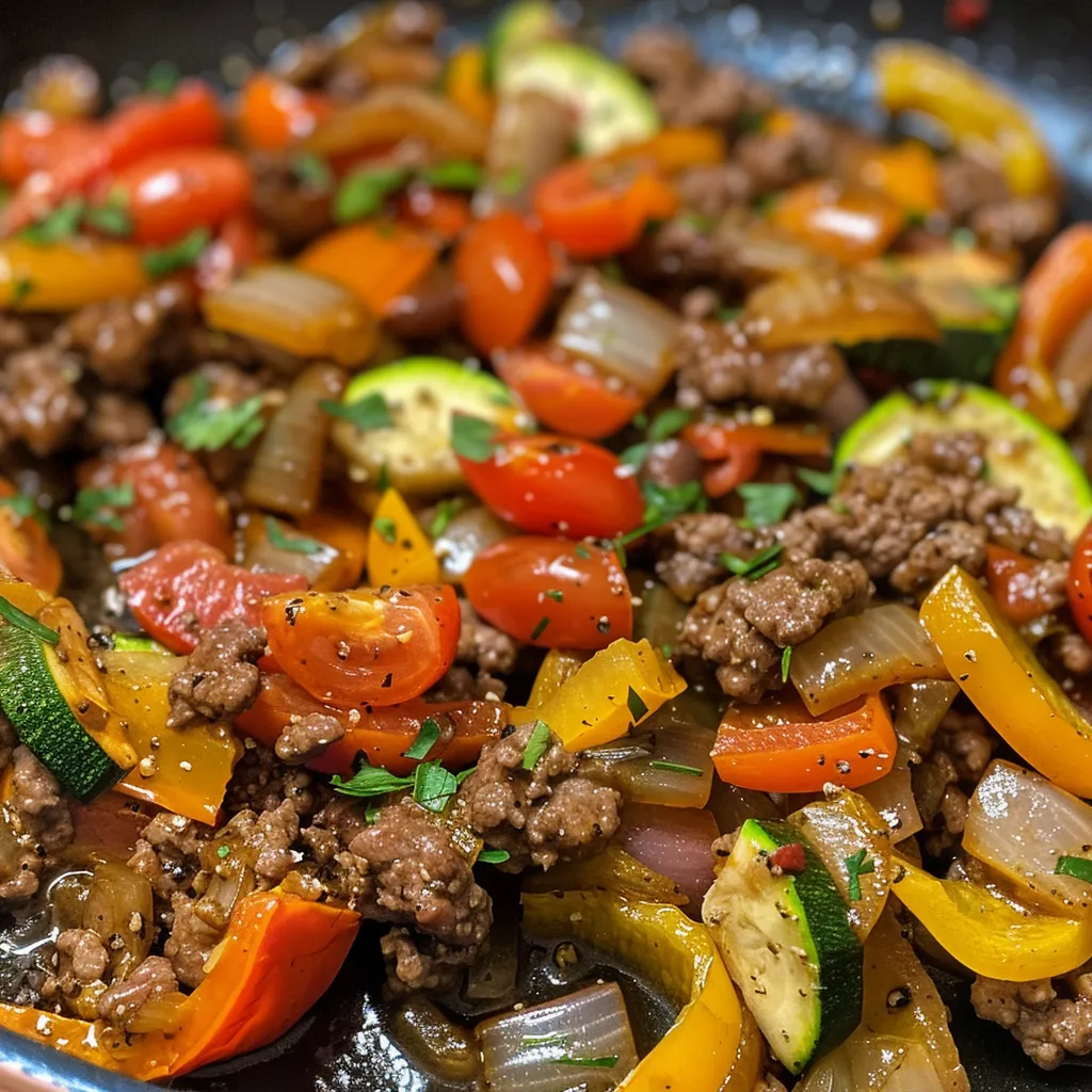 Side view of a juicy beef and vegetable skillet featuring vibrant bell peppers and cherry tomatoes.