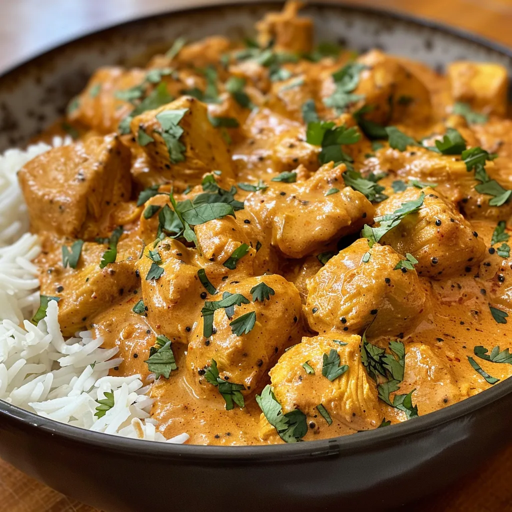 Juicy butter chicken served in a bowl with cooked rice and naan.