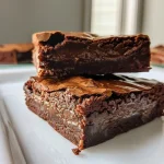 Close-up side view of rich chocolate fudge brownies with a glossy finish.