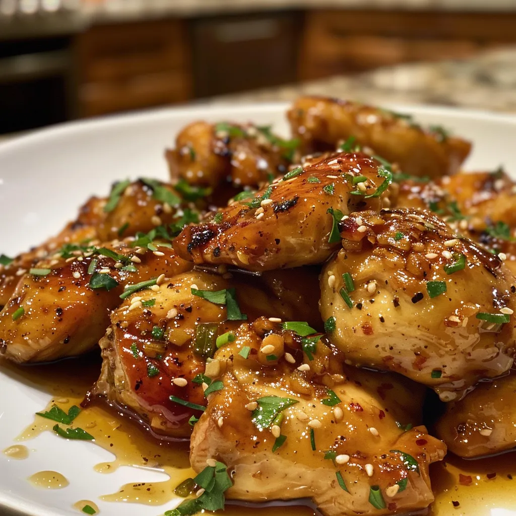 Juicy honey garlic chicken thighs garnished and arranged on a plate.