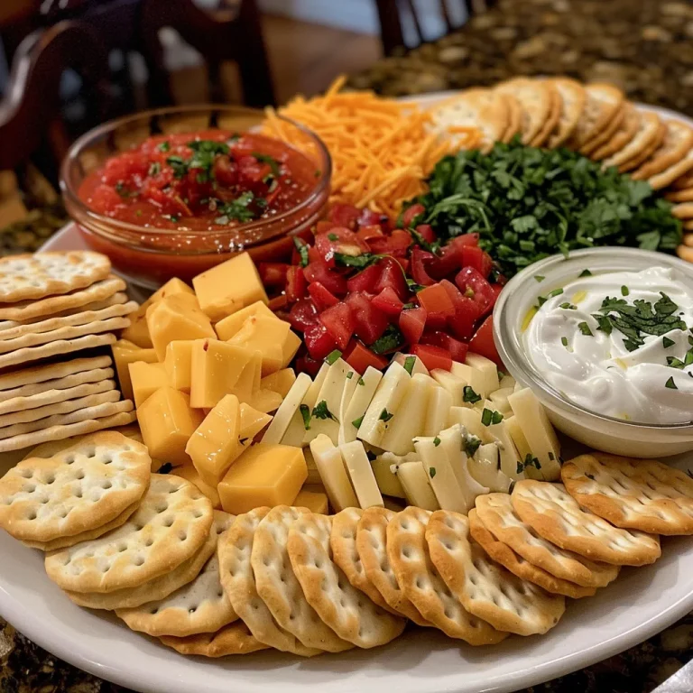 Celebrate New Year’s Eve with an Effortless Snack Platter Full of Flavor! A colorful snack platter featuring cubed cheddar cheese, sliced gouda, brie, and bowls of ranch dip and salsa, surrounded by assorted crackers.