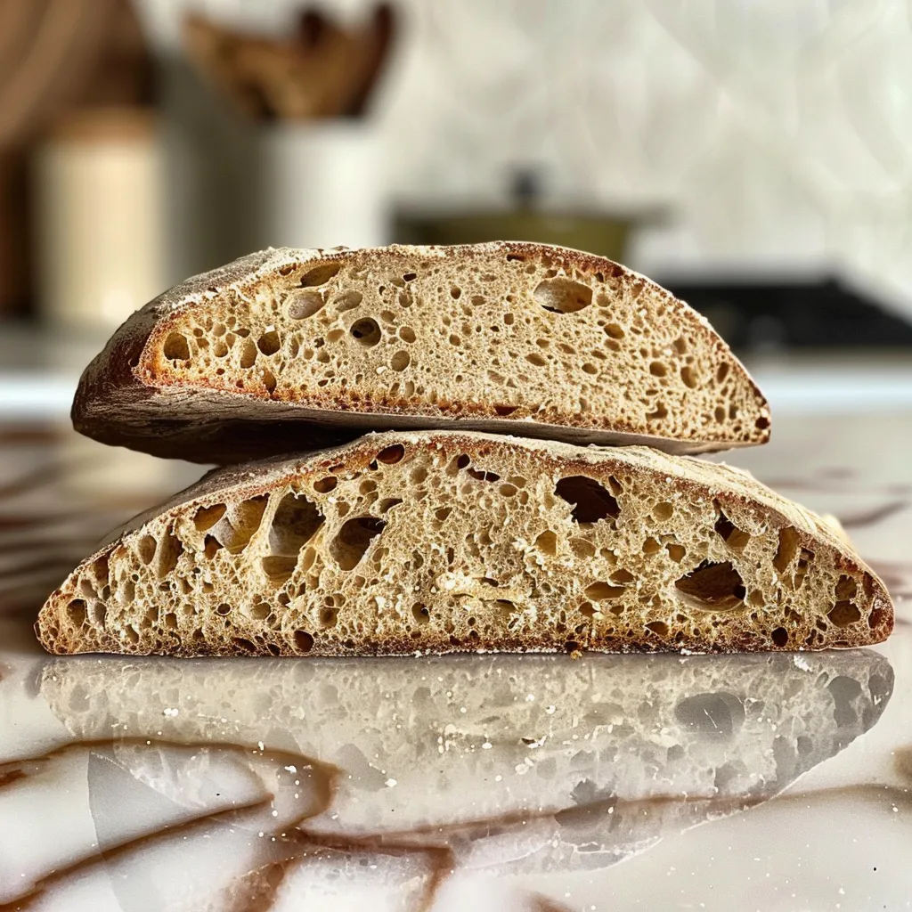 Side view of a freshly baked overnight sourdough bread, highlighting its crispy crust and airy interior.