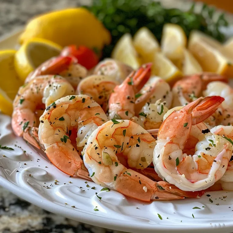Close-up view of a festive shrimp cocktail platter with large shrimp, lemon wedges, and herbs.