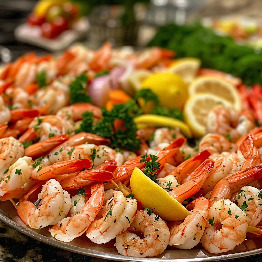 An appetizing shrimp cocktail platter featuring cooked shrimp, garnished with lemon and fresh herbs.