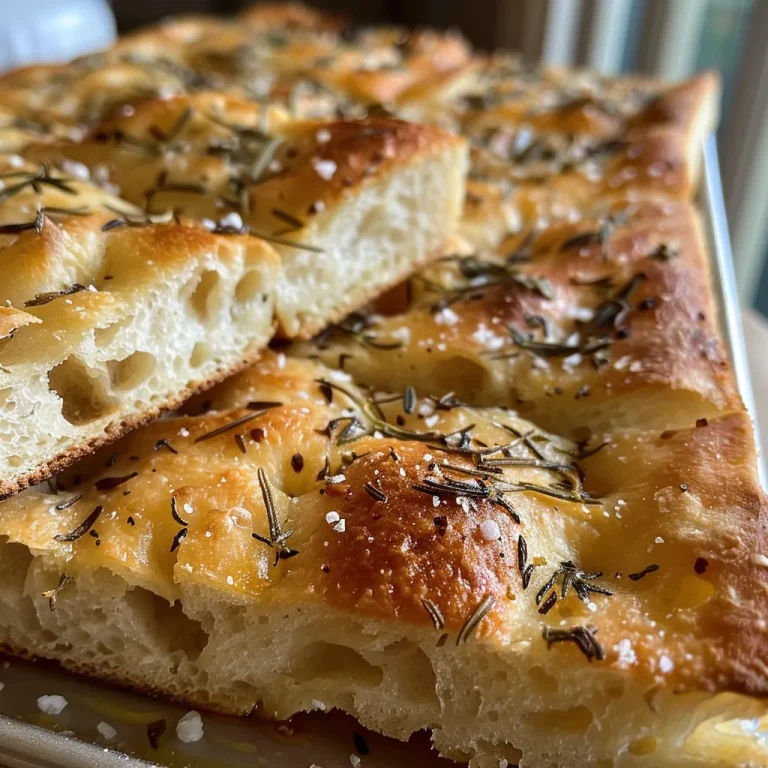 A close-up side view of golden-brown focaccia bread with a soft texture.