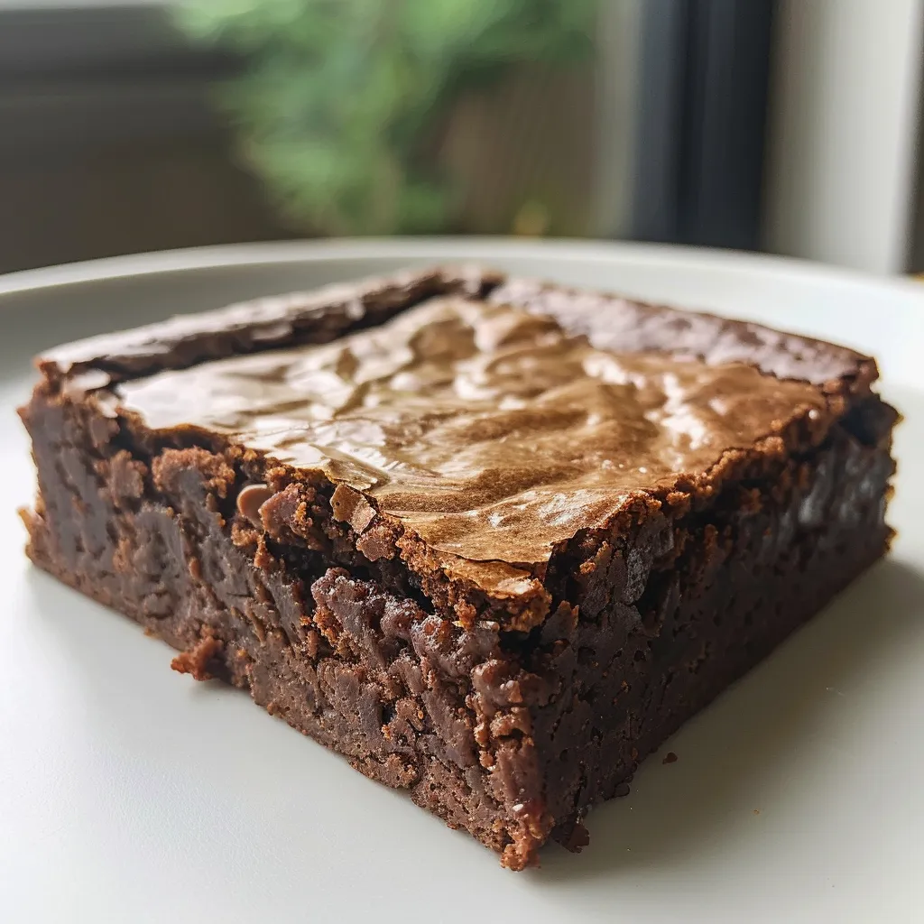 Side view of decadent brownies with a glossy top, highlighting their dense and chocolatey interior.
