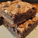 Close-up view of fudgy homemade brownies with chocolate chips.