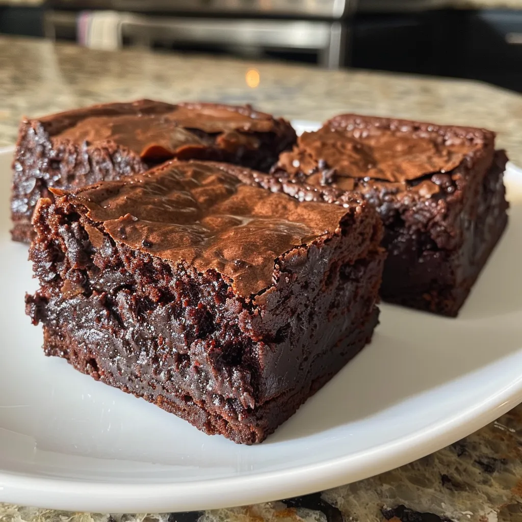 Side view of rich, moist brownies topped with melted chocolate.