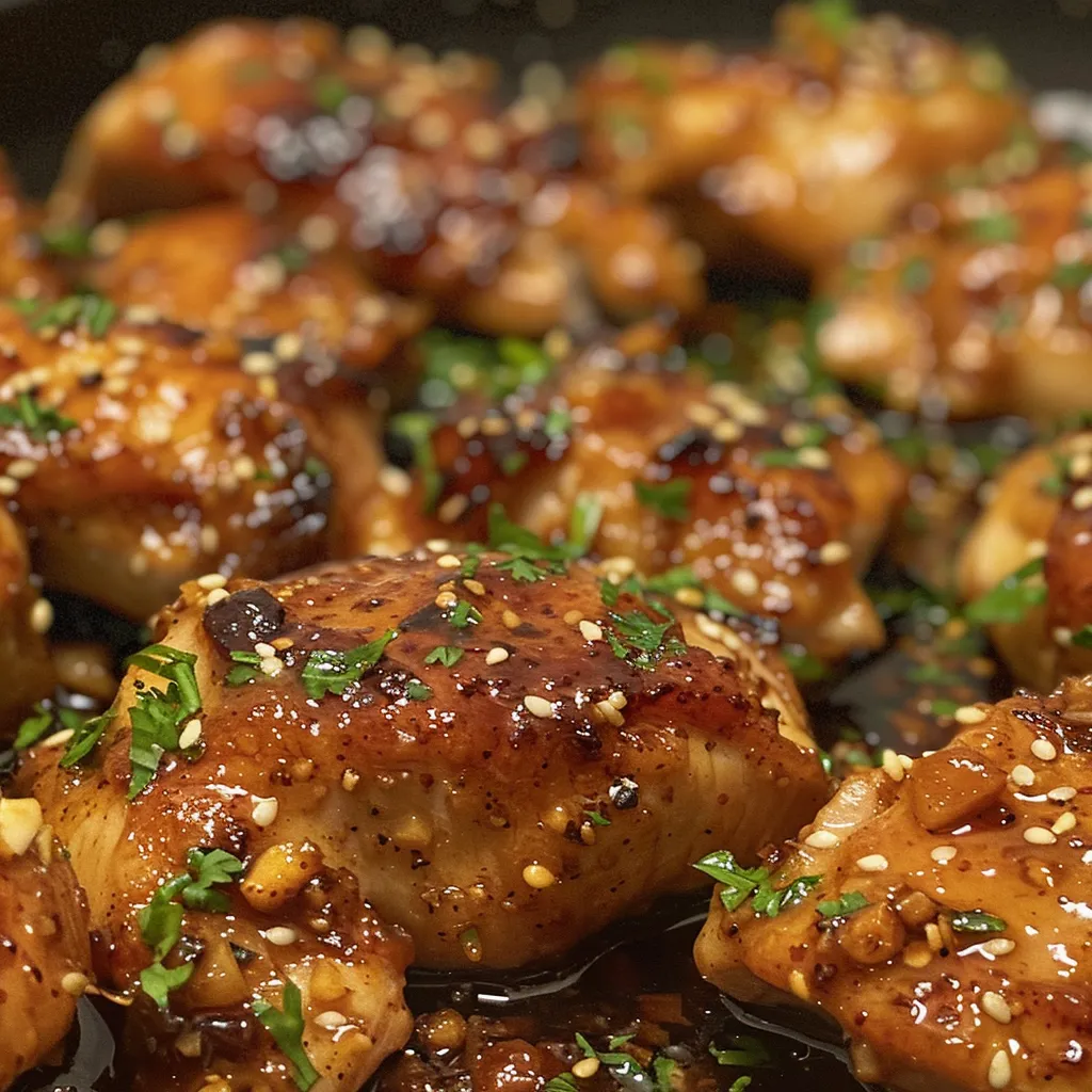 Side view of succulent chicken thighs coated in a brown sugar garlic glaze.