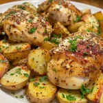 Close-up of juicy garlic Parmesan chicken and halved baby potatoes on a plate.