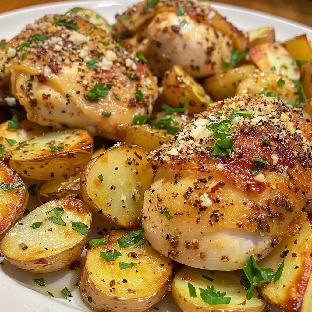 Close-up of juicy garlic Parmesan chicken and halved baby potatoes on a plate.