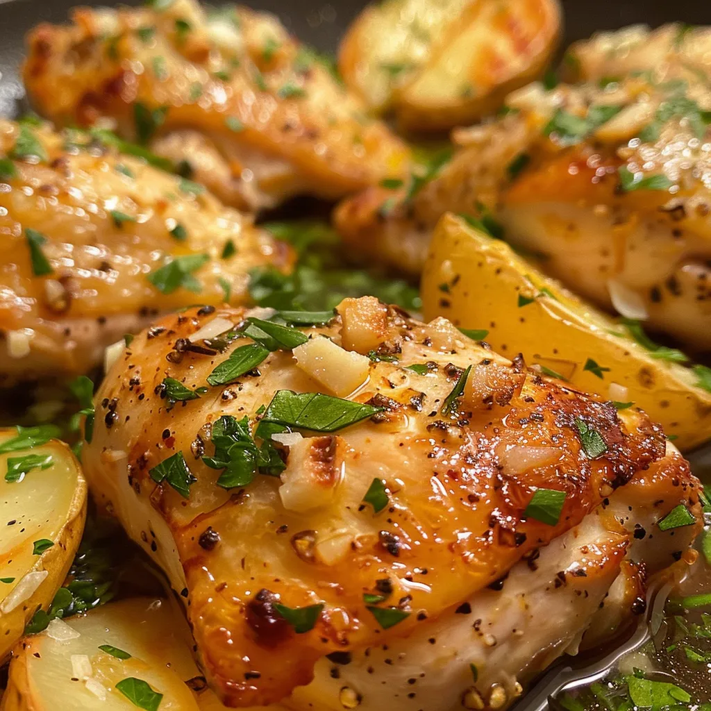 Side view of seasoned chicken breasts with golden crispy potatoes garnished with parsley.