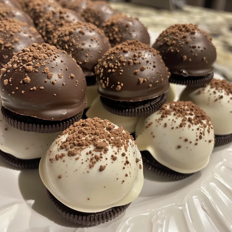 Close-up of Gingerbread Oreo Truffles coated in white chocolate.