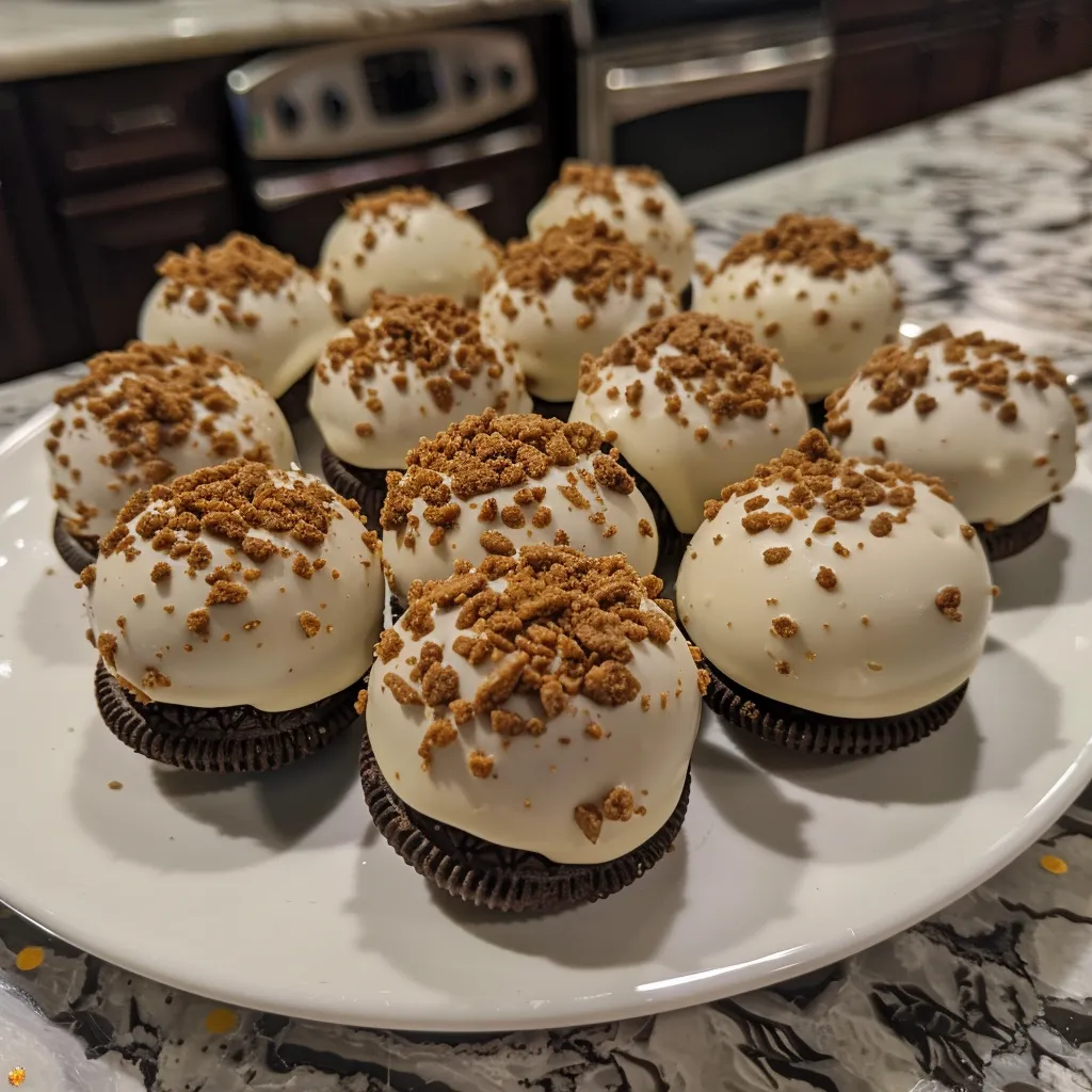 Side view of delicious Gingerbread Oreo Truffles on a plate.
