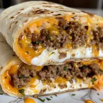 Close-up of a grilled cheese burrito with melted cheese oozing out.