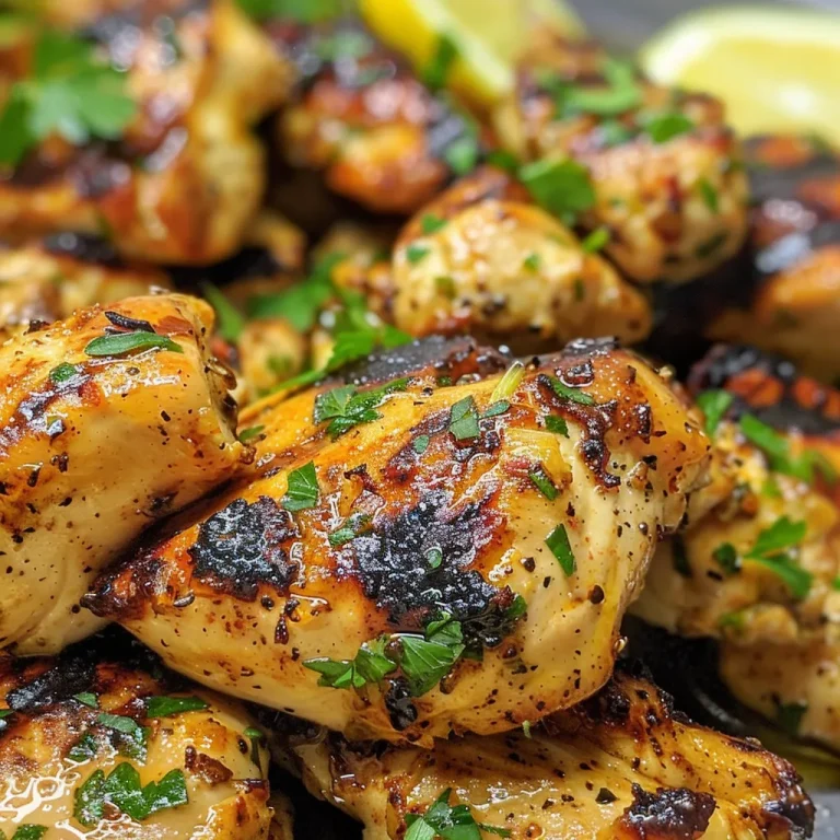 Close-up view of juicy grilled chicken bites with creamy garlic sauce.