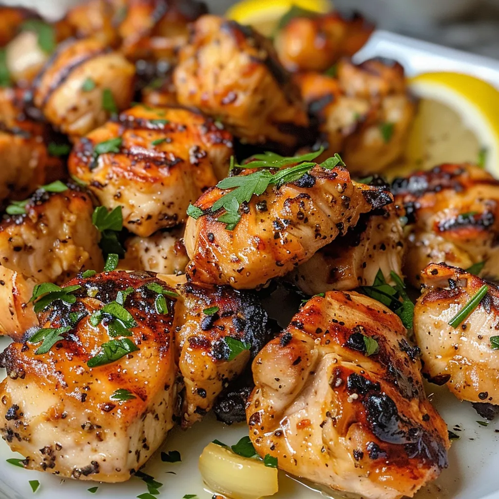 Side shot of succulent chicken pieces drizzled with a rich garlic cream sauce.