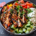 A close-up shot of a grilled chicken shawarma bowl with vibrant ingredients.