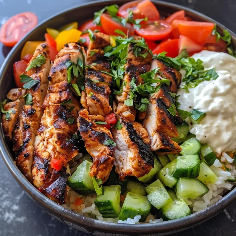 A close-up shot of a grilled chicken shawarma bowl with vibrant ingredients.