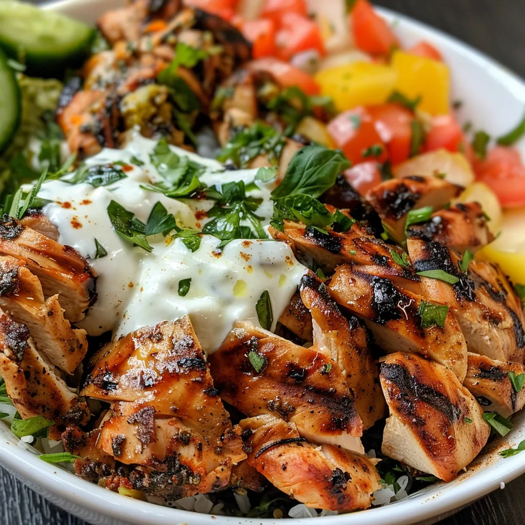 Juicy grilled chicken served in a bowl alongside fresh vegetables and sauce.