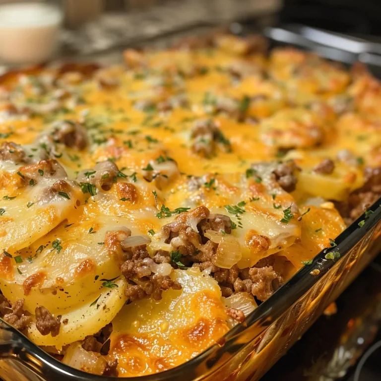 Close-up view of a delicious ground beef and potatoes casserole topped with melted cheese.