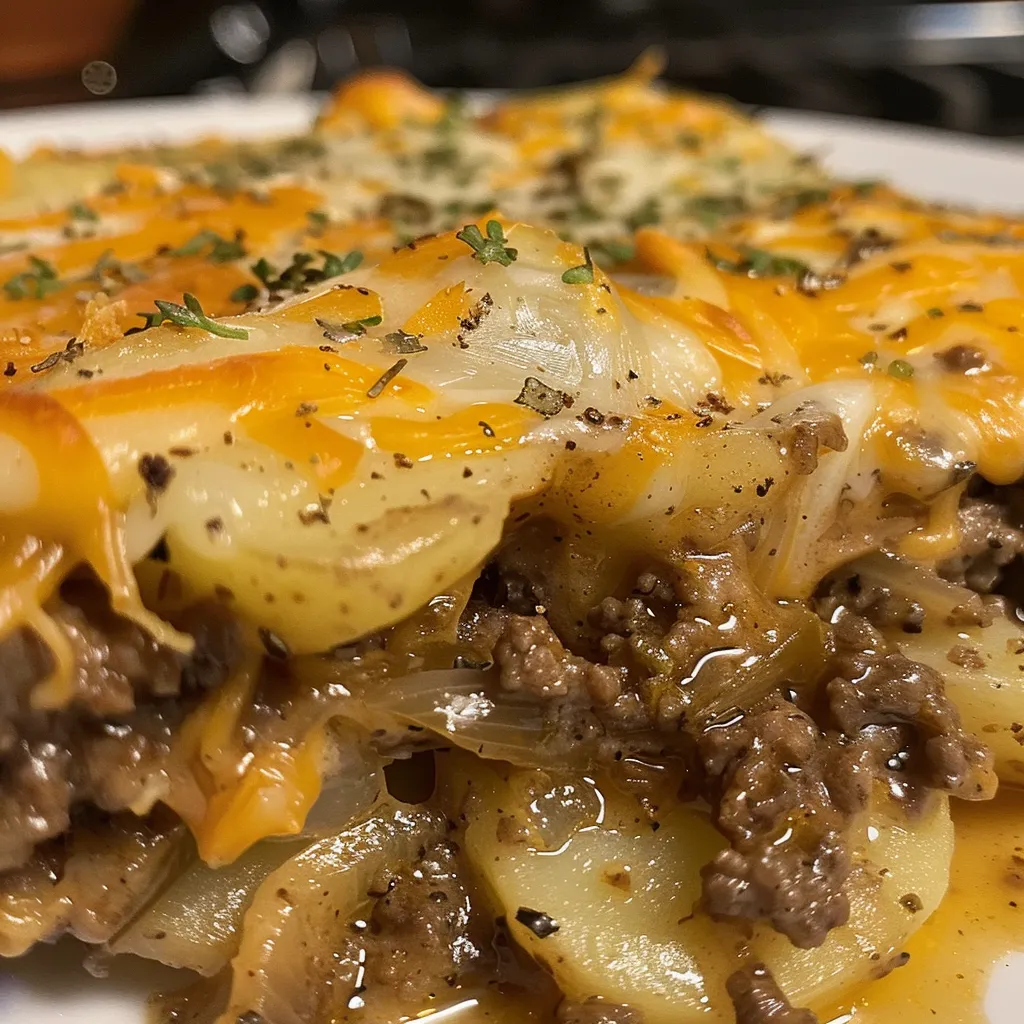 Side view of a baked casserole featuring ground beef, sliced potatoes, and a creamy sauce.