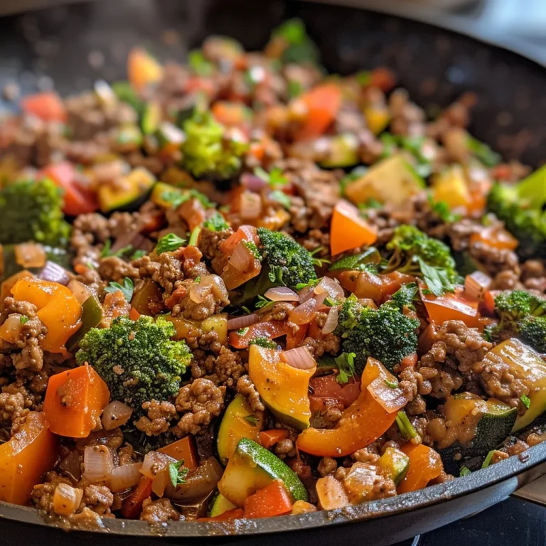 Close-up of a colorful ground beef and veggie skillet featuring zucchini, broccoli, and bell peppers.