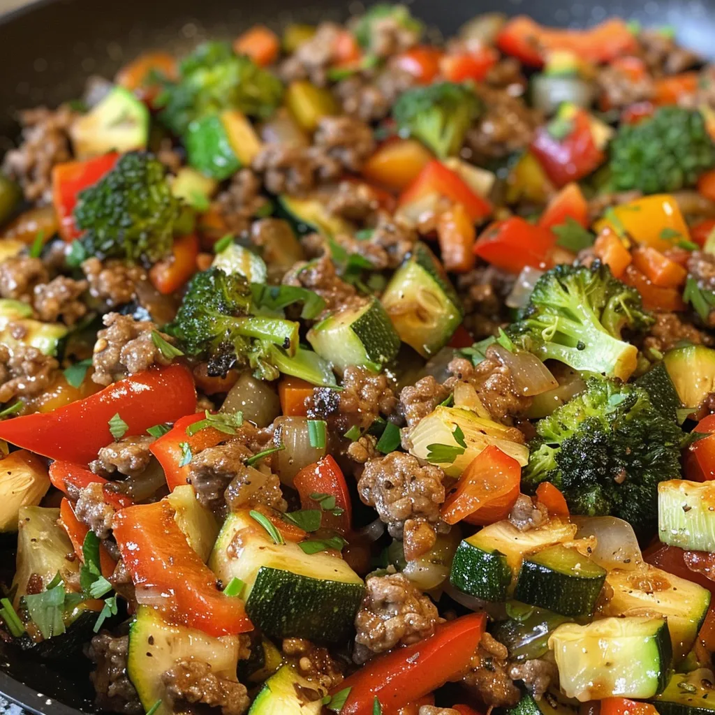 Juicy ground beef skillet with vibrant vegetables like red onion and garlic, captured from the side.